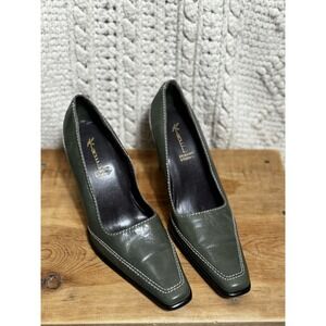 Kimel Women's 7.5 Vintage Leather Square Toe Pump Heels Olive Green Academia 90s